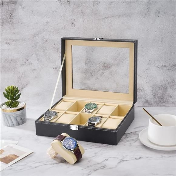 NEW - Watch Box Display Case Leather Jewelry Organizer with Glass Top - Picture 3 of 6